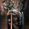 A painting of a fierce lion's head holding a sword and armor, depicting a warrior theme.