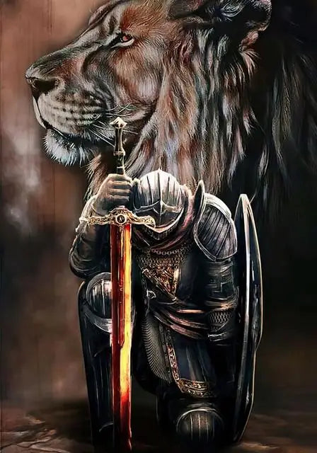 A painting of a fierce lion's head holding a sword and armor, depicting a warrior theme.