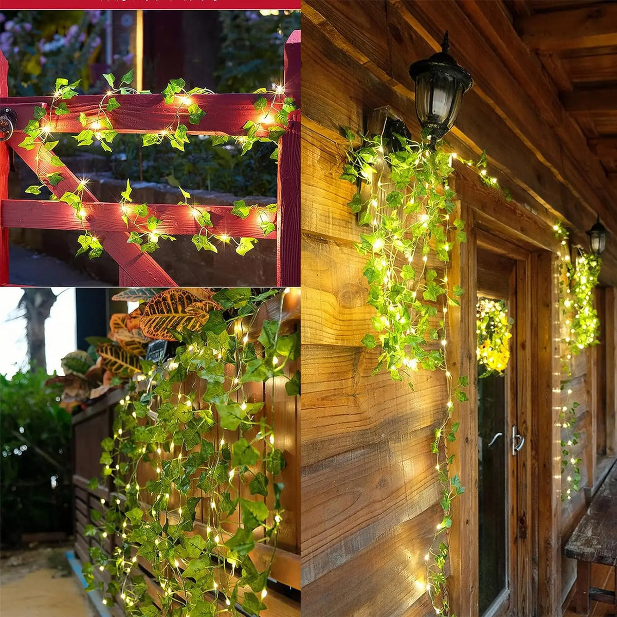 String lights with green leaves drape down a wooden door and fence, creating an ivy vine decoration.