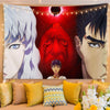 A tapestry featuring manga art of a female character and a male character against a red background.