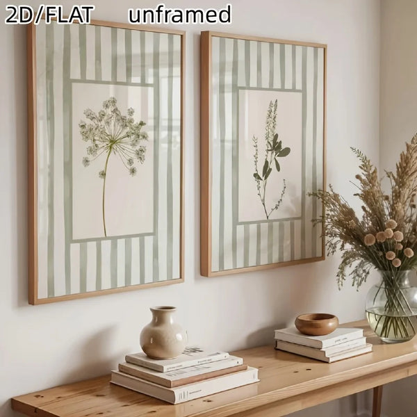 A set of two unframed 2D flat canvas prints featuring sage green floral designs displayed on a wooden shelf.