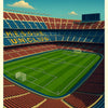 A vintage poster featuring a football stadium with the text BARCELONA and Camp Nou.