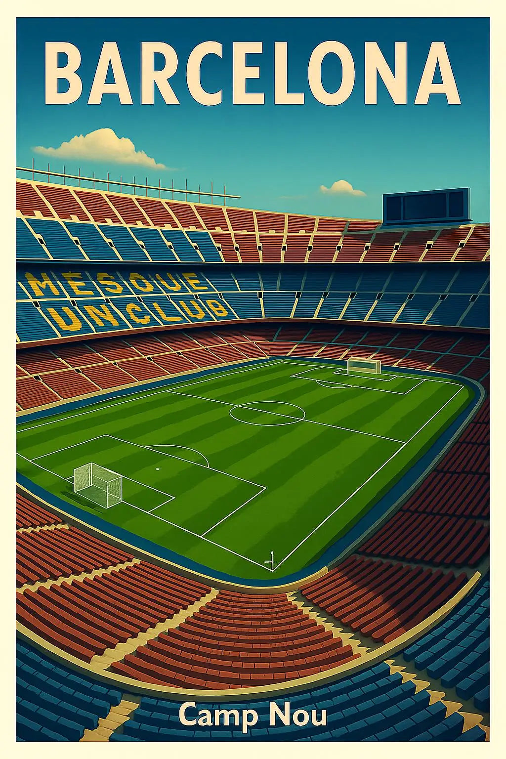 A vintage poster featuring a football stadium with the text BARCELONA and Camp Nou.
