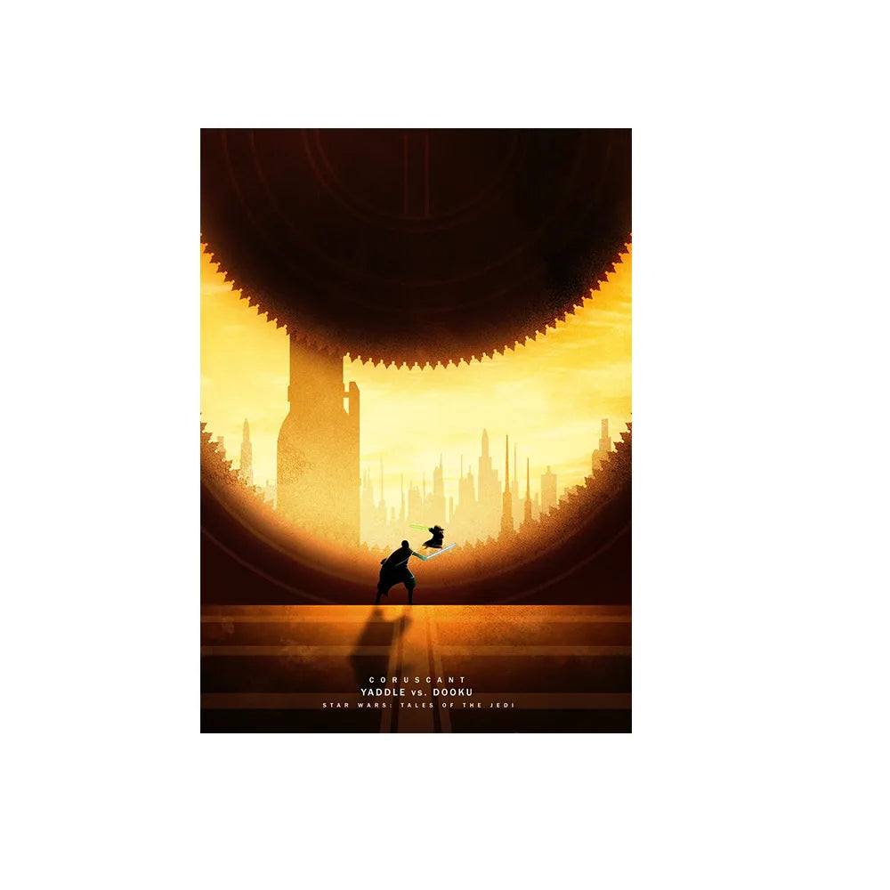 A silhouette of a figure riding a horse against a bright, golden sunset backdrop with a cityscape in the distance.