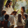 A painting depicting Jesus reading a Bible with several children in a lush outdoor setting.
