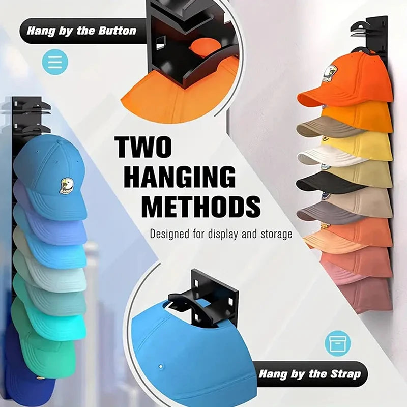 Two hanging methods for hat storage including hanging by the button and hanging by the strap