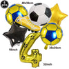 Un set de six ballons de football jaune et bleu, incluant un ballon, une botte et le chiffre quatre.