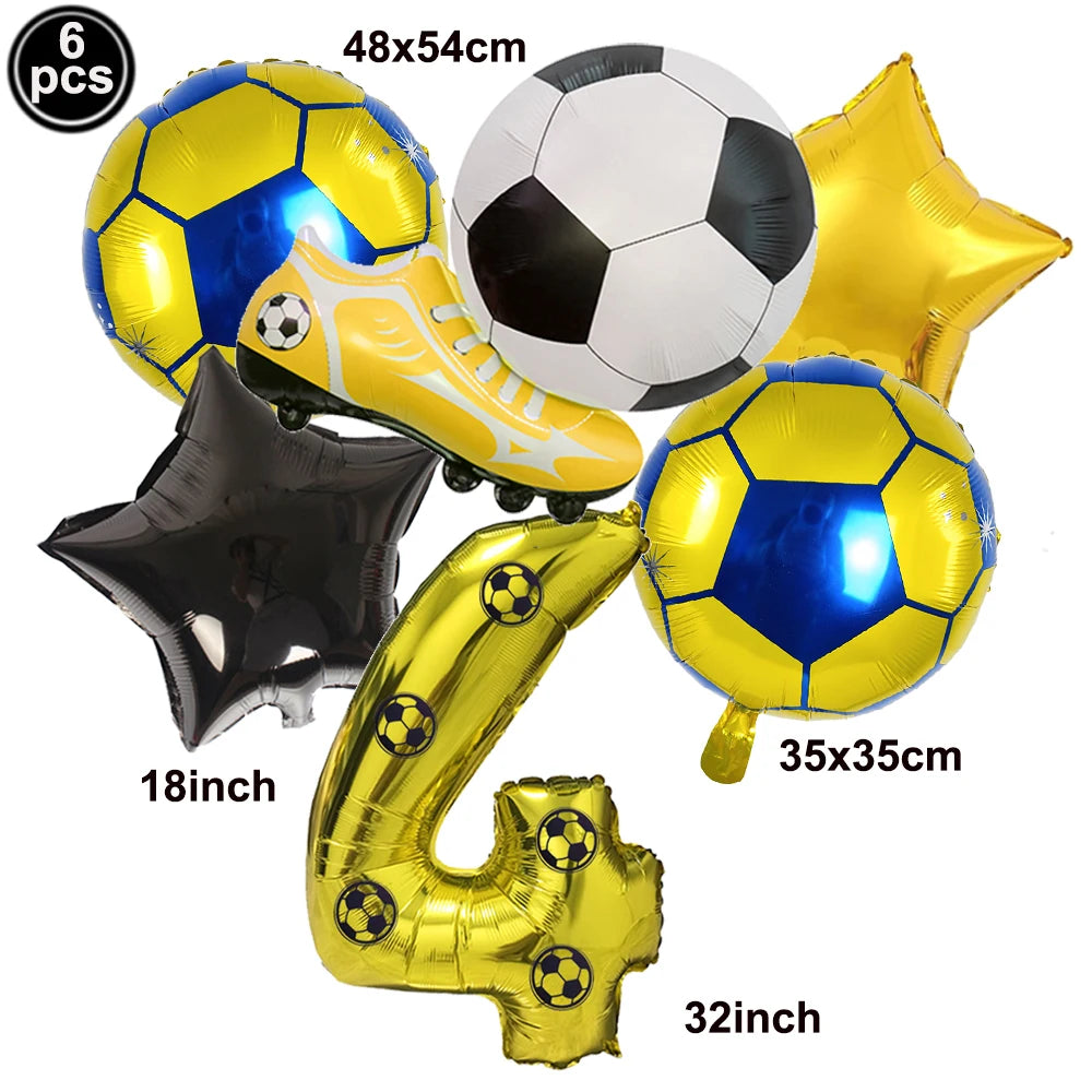 Un set de six ballons de football jaune et bleu, incluant un ballon, une botte et le chiffre quatre.