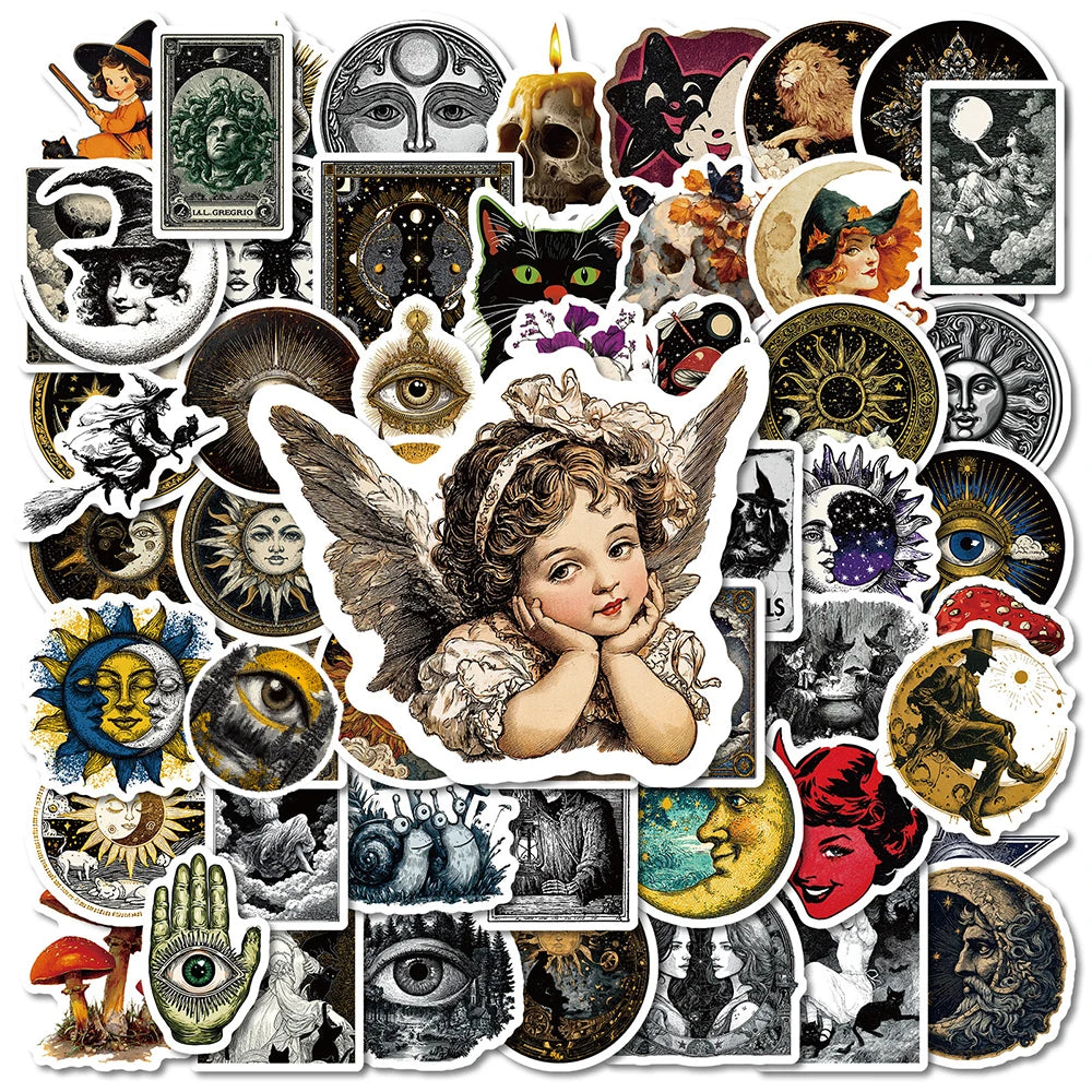 A collection of vintage art moon and sun decals featuring various mystical faces, symbols, and celestial designs.