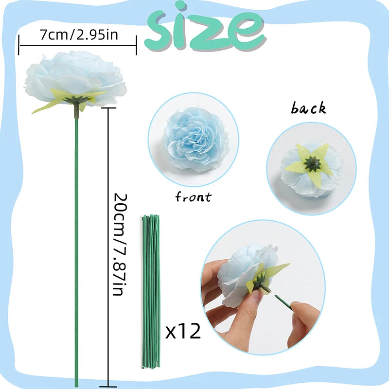 A set of twelve artificial light blue peony flowers on green stems, showing the size and detail of the blooms.