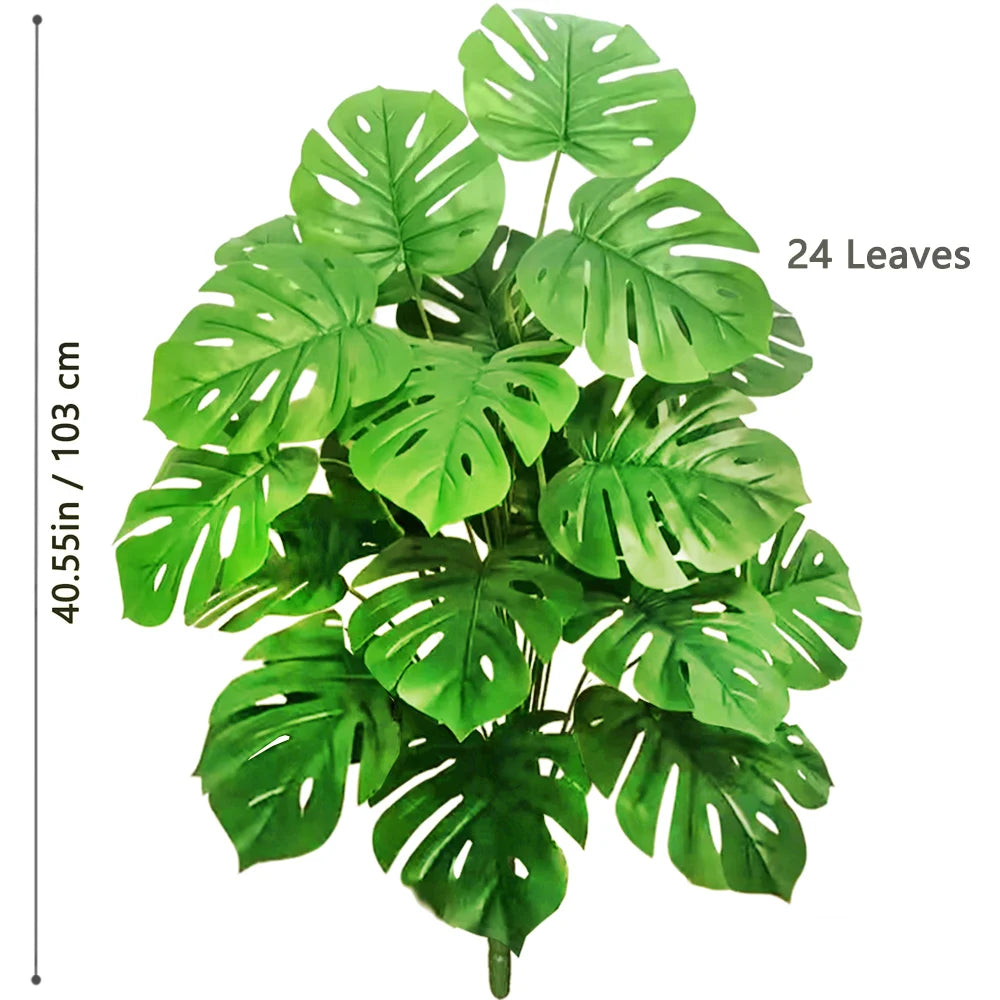 Artificial Monstera plant with 24 silk green leaves, measuring 40.55 inches tall.