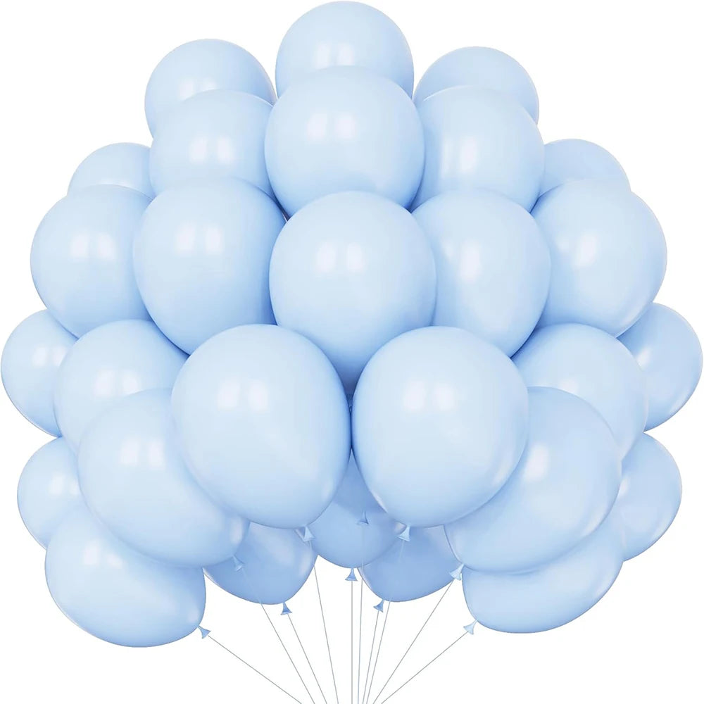 A bunch of pastel blue latex balloons for parties and celebrations.
