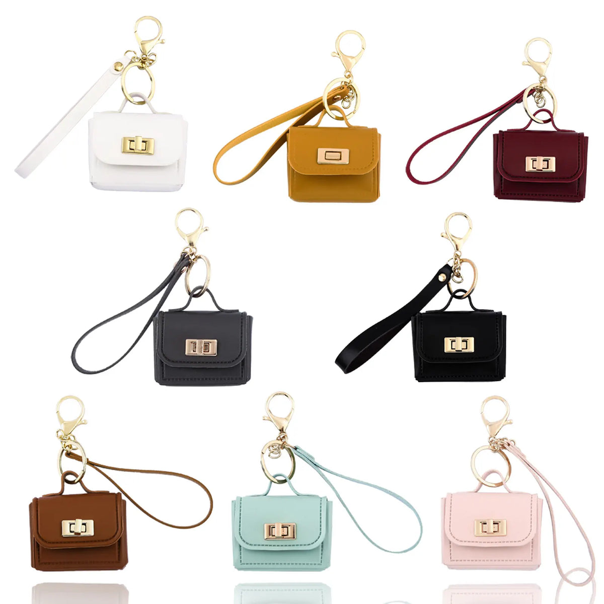 A collection of mini leather openable bags in various colors including white, yellow, maroon, black, and pink.
