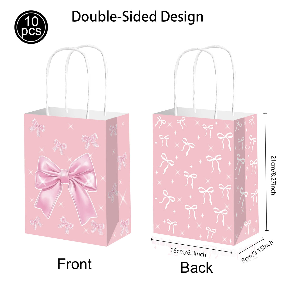 Double-sided pink gift bags featuring a bow design shown from the front and back.