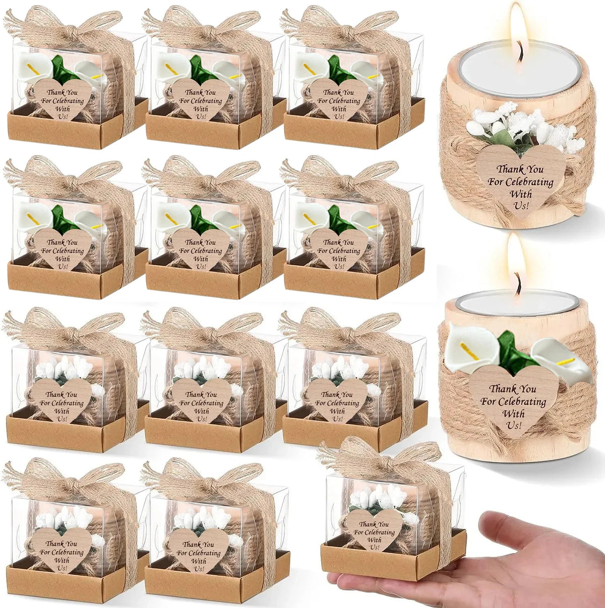 Wooden Tealight Candle Holders with Heart-Shaped Tags — Wedding & Baby Shower Favors