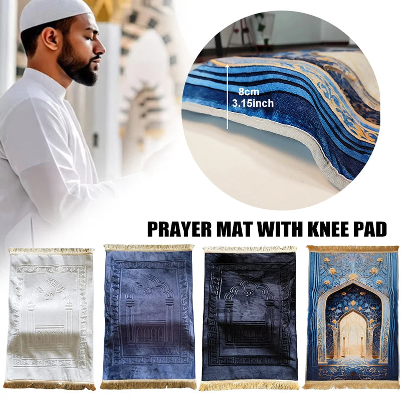 Prayer mat with knee pad featuring various blue and gold patterned rugs.