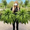 A woman stands in a garden holding two large artificial Boston ferns.
