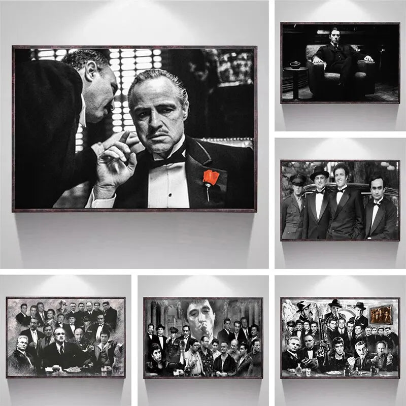 A collection of framed movie posters featuring characters and scenes from The Godfather film.