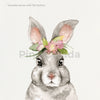 Watercolor illustration of a gray rabbit with pink flowers