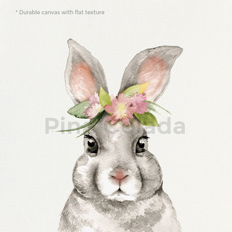 Watercolor illustration of a gray rabbit with pink flowers