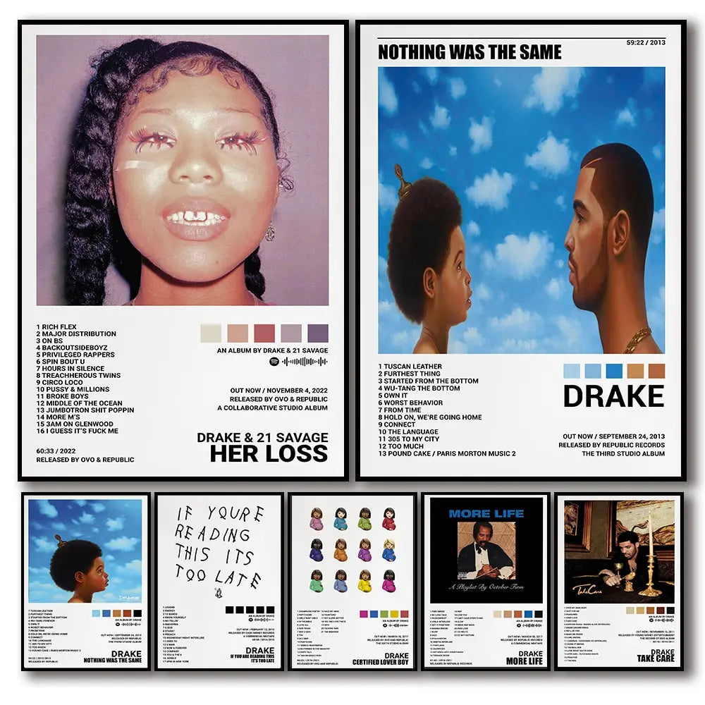 Album art poster for Drake's Her Loss featuring album covers and artwork.