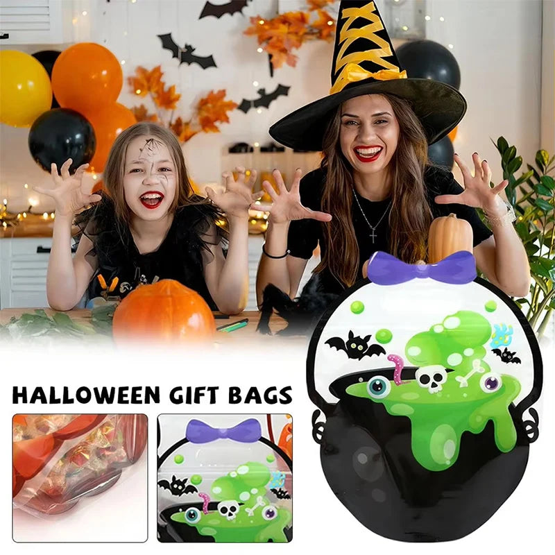 A black Halloween witch hat and a green pumpkin-themed gift bag with bats and skulls.