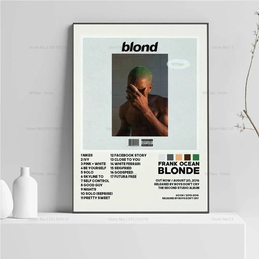A framed piece of wall art featuring the album cover for Frank Ocean's Blonde