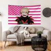 A tapestry featuring an anime character resembling Bakugo Katsuki with spiky blonde hair against a pink and white striped Ame