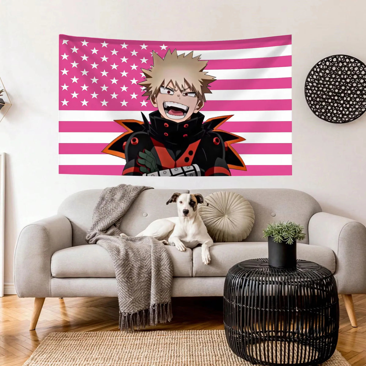 A tapestry featuring an anime character resembling Bakugo Katsuki with spiky blonde hair against a pink and white striped Ame