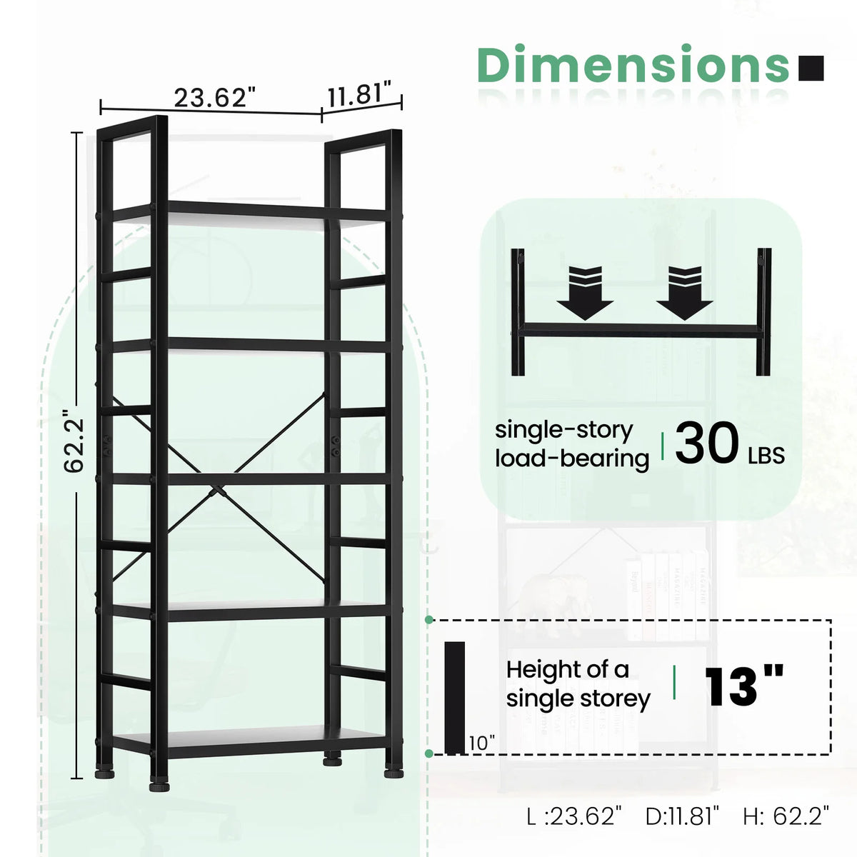 Black metal 5-tier bookshelf with a single-story load-bearing capacity of 30 lbs.