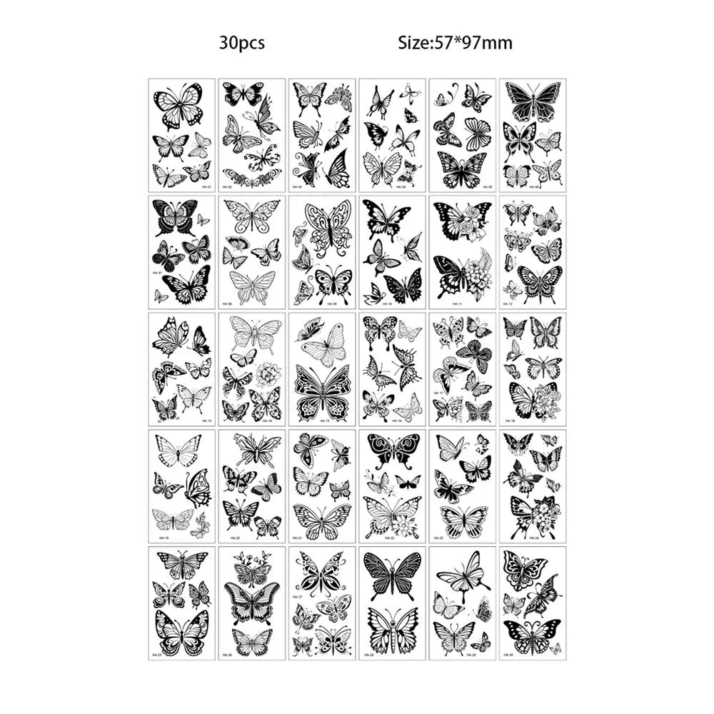A grid of 30 sheets of realistic black butterfly temporary tattoos, measuring 57x97mm each.