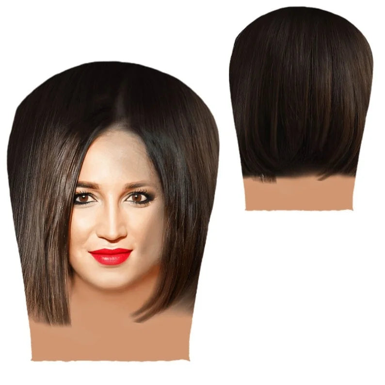 A woman modeling a dark brown wig or hairpiece, shown from the front and back views.