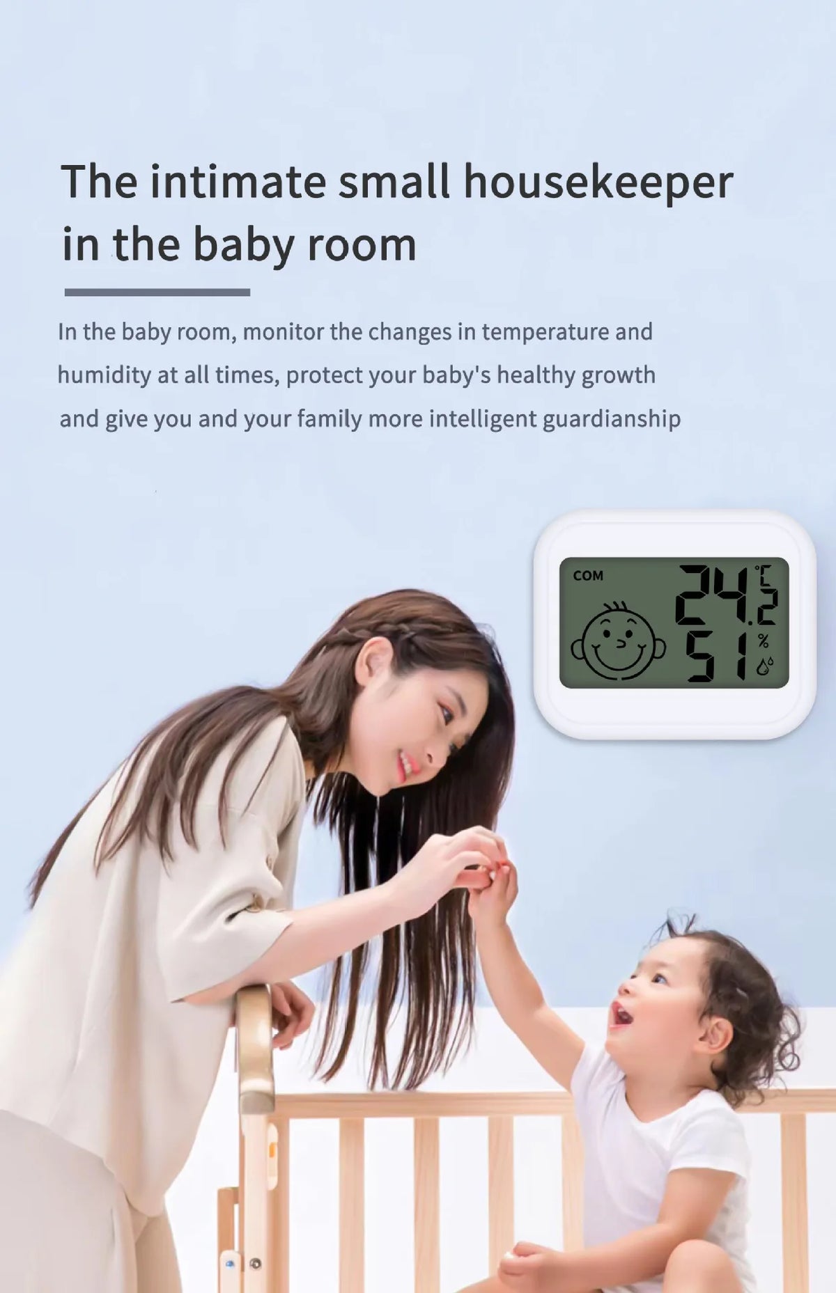 A woman is monitoring a baby in a crib using an intimate small housekeeper device to ensure healthy growth.