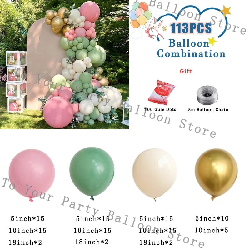 A collection of pink, white, and gold balloons arranged in a garland display with various sizes and a balloon chain.
