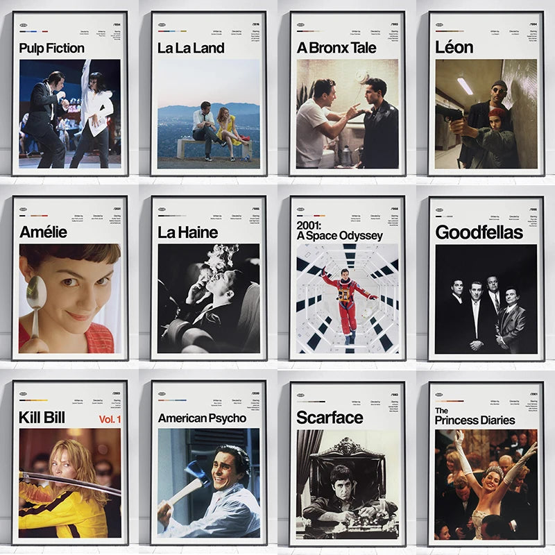 A collection of wall art posters featuring movie-inspired titles like Pulp Fiction, La La Land, and Léon.