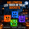 Halloween led trick or treat buckets glowing orange, blue, and purple with carved jack-o'-lantern faces