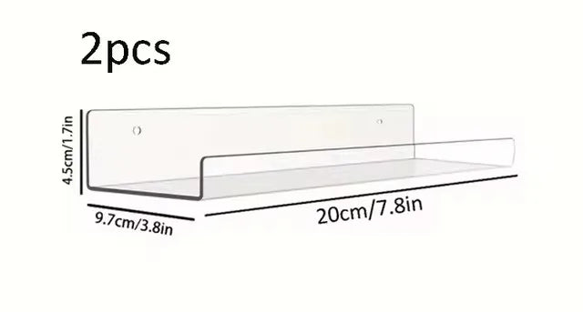 Two clear acrylic floating storage racks shown with dimensions 4.5cm/1.7in high and 20cm/7.8in long.