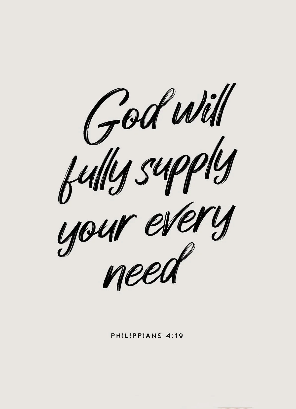 A black script rendering of Philippians 4:19 on a light gray background.