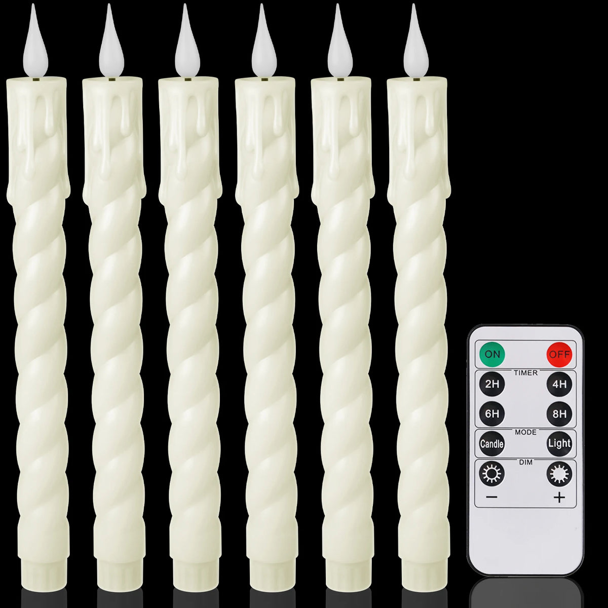 A set of six white fluted taper candles with electric LED wicks and on/off switches.