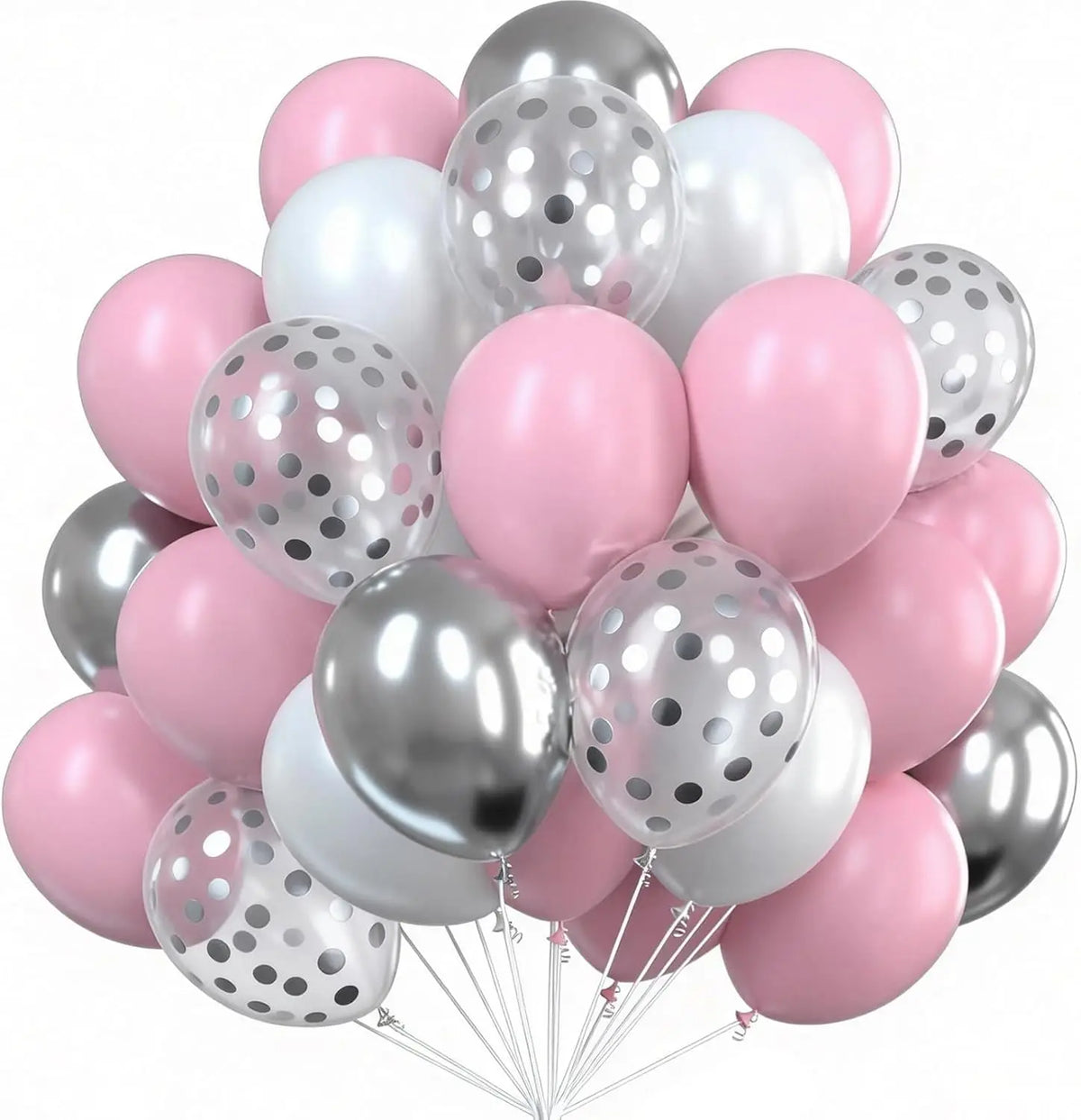 A cluster of pink and silver confetti balloons floating together.