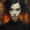 A portrait of a woman with striking blue eyes and dark hair, surrounded by shadowy, fiery faces.