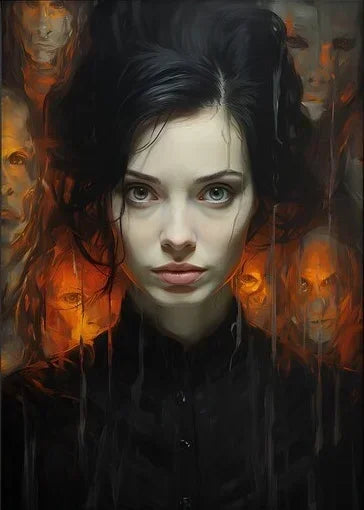 A portrait of a woman with striking blue eyes and dark hair, surrounded by shadowy, fiery faces.