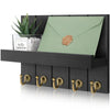 Rustic wooden wall-mounted organizer featuring a green envelope and five brass hooks.