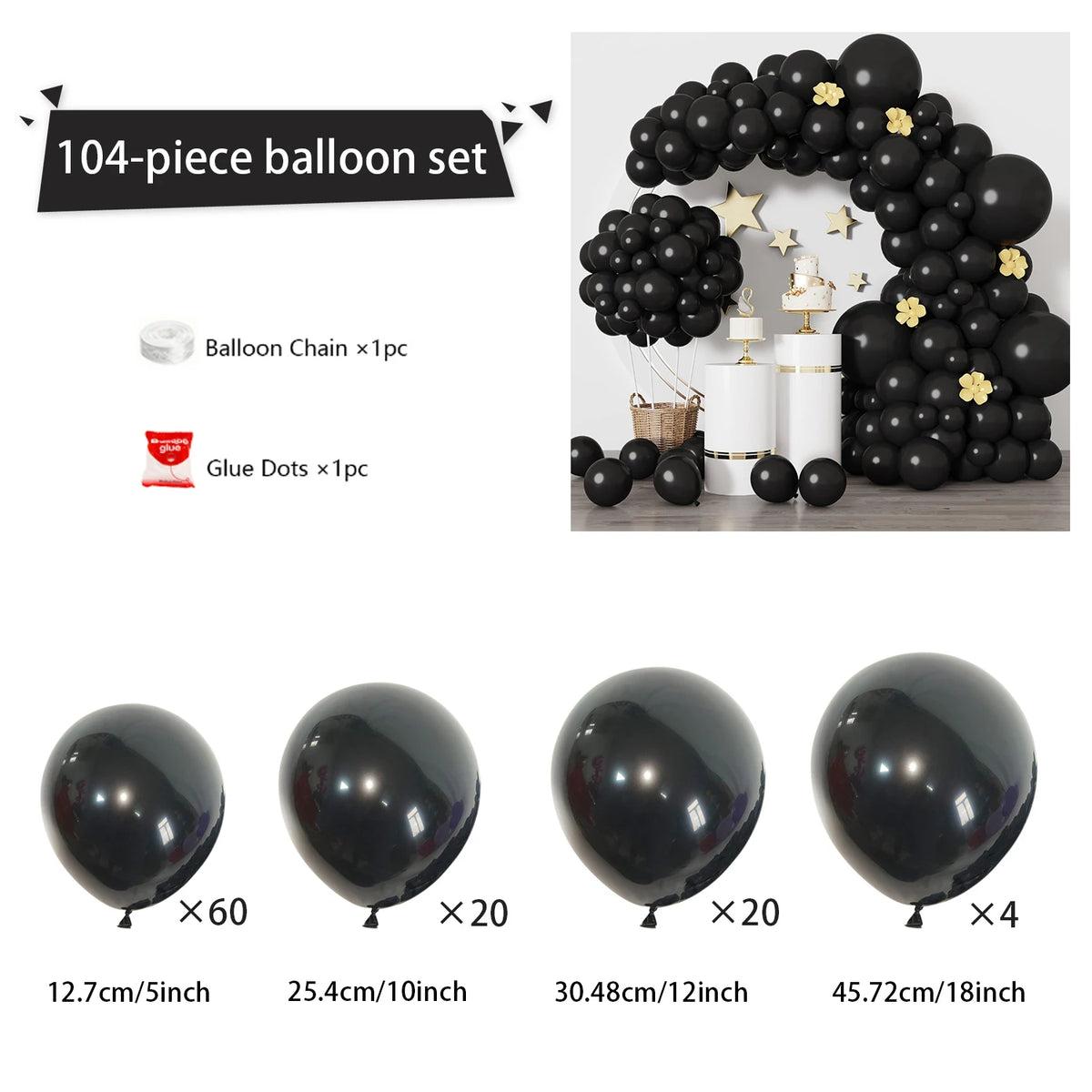 A set of 104 black balloons and glue dots for creating a balloon arch decoration.