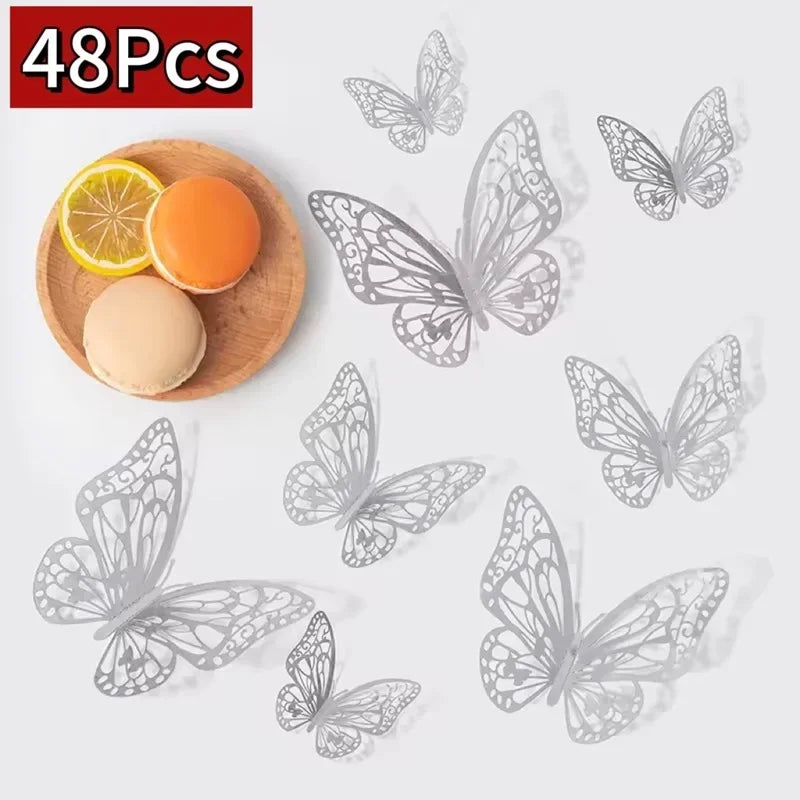 48 pieces of decorative 3D butterfly wall stickers for home decor shown with a slice of orange and lemon.