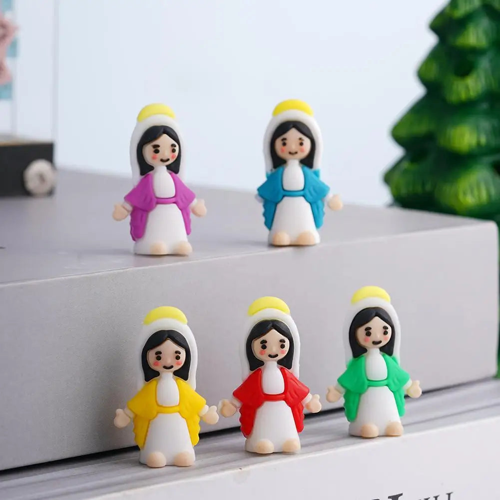 A set of five mini religious desktop figurines featuring women in white and colored robes with yellow halos.