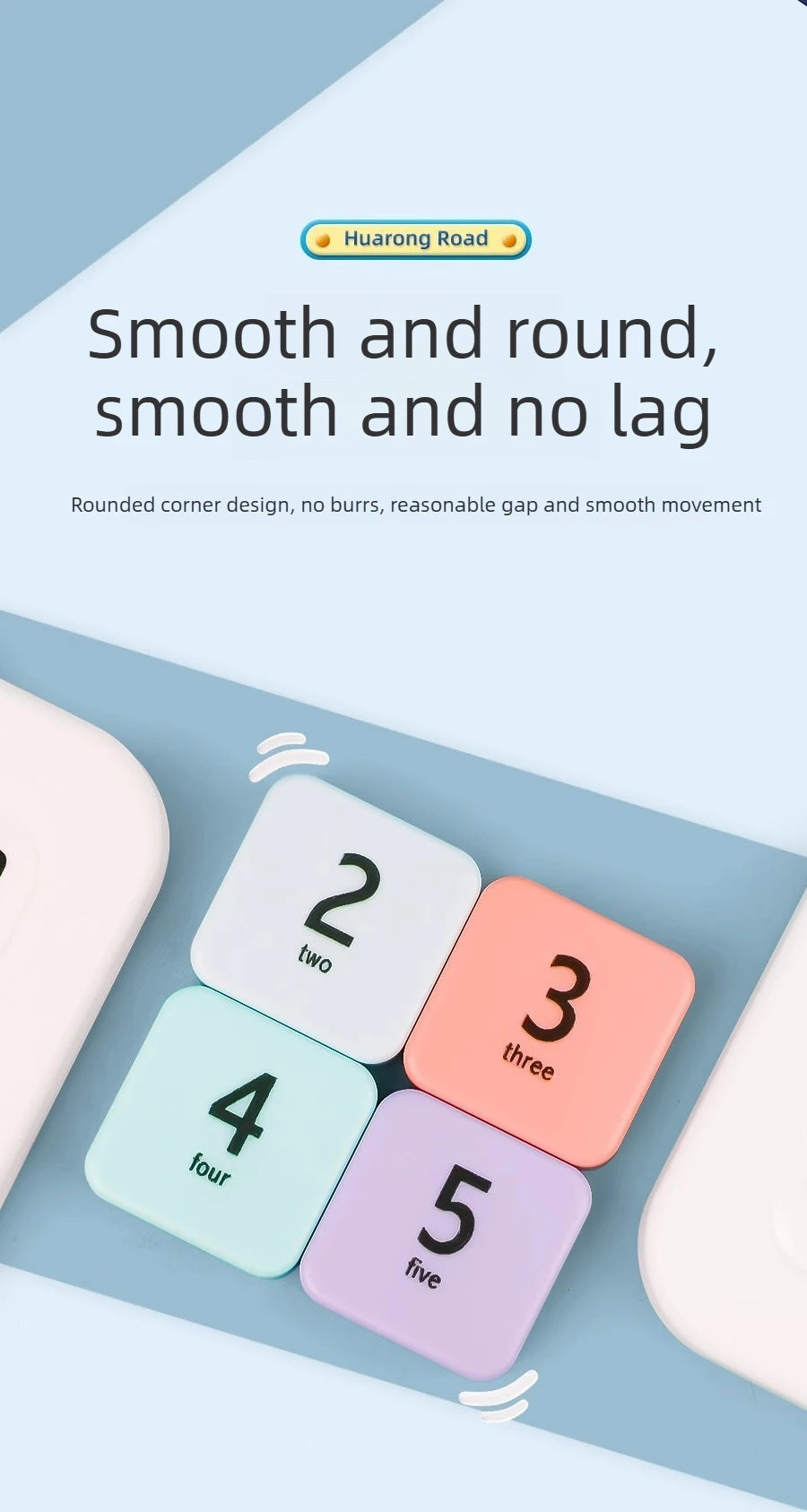 A set of five colored magnetic sliding number tiles numbered two through five displayed on a light blue surface.