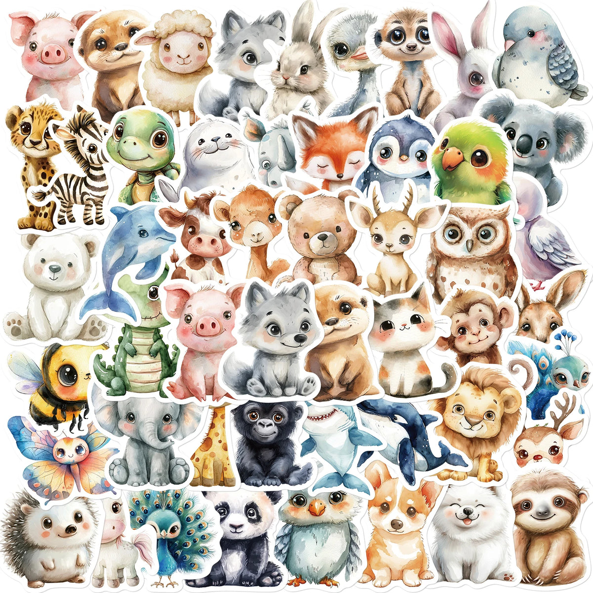 A collection of 50 watercolor animal stickers featuring various cute mammals and creatures.