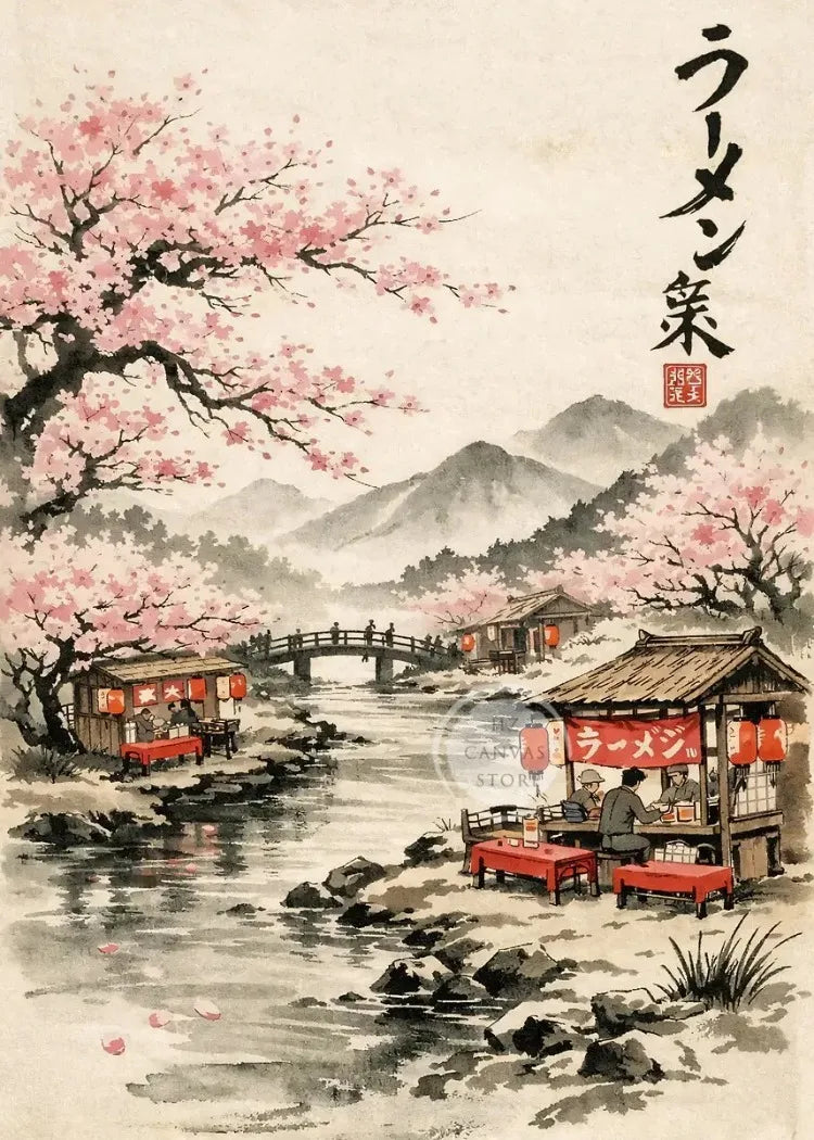 A watercolor painting depicting a cherry blossom scene with a bridge, traditional buildings, and pink blossoms.