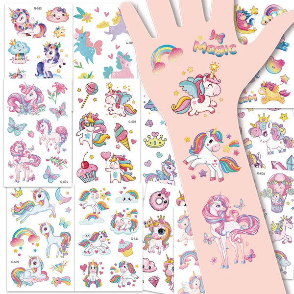 A collection of glitter unicorn temporary tattoos for kids on white sheets.